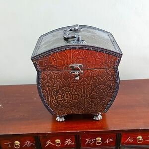 Vintage Wooden Trinket Box Resembling A Treasure Chest